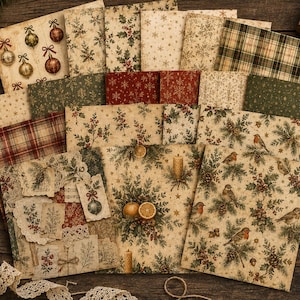 May include: A collection of decorative paper sheets featuring various Christmas-themed patterns including holly, pine branches, ornaments, plaid, snowflakes, birds, and dried fruit slices in shades of red, green, gold, and cream on a wooden surface.