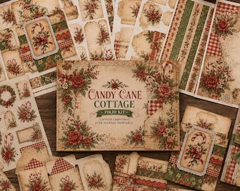 May include: A collection of printed paper sheets and cutouts for a junk journal kit titled Candy Cane Cottage. The designs feature vintage Christmas motifs including red roses, holly, candy canes, and red and white gingham patterns on aged paper.