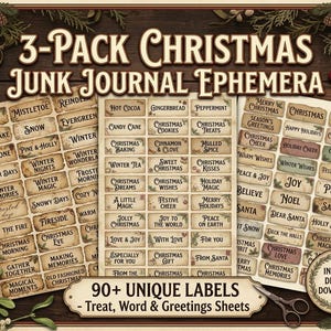 May include: A 3-pack of Christmas junk journal ephemera featuring over 90 unique labels on three sheets. The labels have a vintage, aged paper appearance with various holiday-themed words and phrases printed in black ink, surrounded by a decorative border.