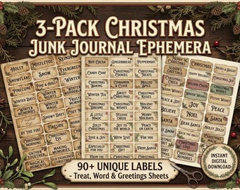 May include: A 3-pack of Christmas junk journal ephemera featuring over 90 unique labels on three sheets. The labels have a vintage, aged paper appearance with various holiday-themed words and phrases printed in black ink, surrounded by a decorative border.