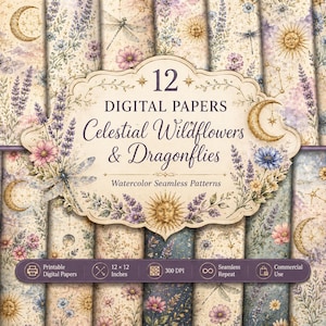 May include: A collection of 12 digital papers featuring watercolor seamless patterns of celestial elements, wildflowers, and dragonflies. The central label displays the text 12 DIGITAL PAPERS Celestial Wildflowers & Dragonflies Watercolor Seamless Patterns.