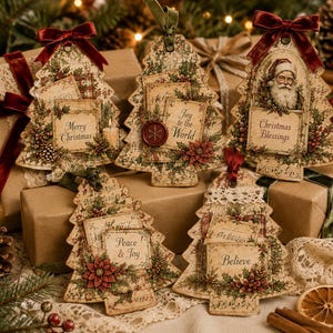 May include: Five tree-shaped ornaments featuring vintage-style paper designs with text including Merry Christmas, Joy to the World, Christmas Blessings, Peace & Joy, and Believe. Each ornament is decorated with red velvet bows and pine accents.