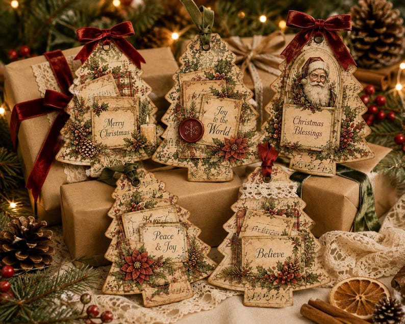 May include: Five tree-shaped ornaments featuring vintage-style paper designs with text including Merry Christmas, Joy to the World, Christmas Blessings, Peace & Joy, and Believe. Each ornament is decorated with red velvet bows and pine accents.