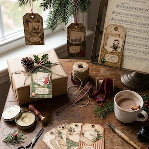 May include: A collection of decorative paper gift tags featuring vintage-style holiday illustrations, text including "Believe," "Noel," "Joy to the World," "Season's Greetings," and "Peace Love Joy," metal eyelets, and twine strings for hanging.