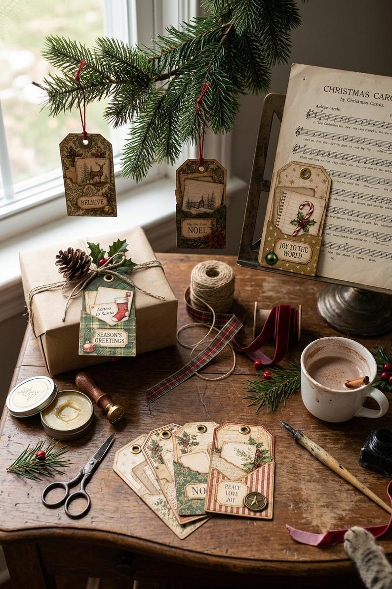 May include: A collection of decorative paper gift tags featuring vintage-style holiday illustrations, text including "Believe," "Noel," "Joy to the World," "Season's Greetings," and "Peace Love Joy," metal eyelets, and twine strings for hanging.