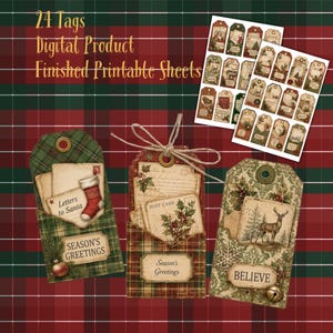 May include: A set of 24 printable Christmas gift tags featuring vintage-style illustrations of stockings, deer, and holly. The tags include text such as Letters to Santa, Post Card, Season's Greetings, and Believe, with twine accents on a plaid background.