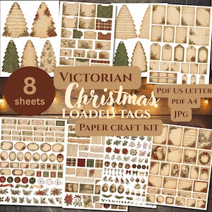 May include: A paper craft kit featuring 8 sheets of Victorian Christmas loaded tags, including tree-shaped tags, rectangular labels, envelopes, and festive motifs like Santa, poinsettias, and holly, with text reading 8 sheets, Victorian Christmas loaded tags, PDF US letter, PDF A4, JPG, and paper craft kit.