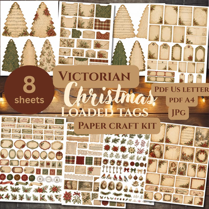May include: A paper craft kit featuring 8 sheets of Victorian Christmas loaded tags, including tree-shaped tags, rectangular labels, envelopes, and festive motifs like Santa, poinsettias, and holly, with text reading 8 sheets, Victorian Christmas loaded tags, PDF US letter, PDF A4, JPG, and paper craft kit.