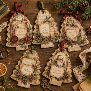 May include: Five Christmas tree-shaped ornaments featuring vintage-style paper designs, pine branch accents, and red ribbon hangers. The ornaments display text including Merry Christmas, Joy to the World, Peace & Joy, Believe, and Christmas Blessings.
