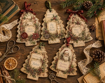 Puede incluir: Cinco adornos con forma de árbol de Navidad con diseños de papel de estilo vintage, detalles de ramas de pino y cintas rojas. Los adornos muestran textos como Merry Christmas, Joy to the World, Peace & Joy, Believe y Christmas Blessings.