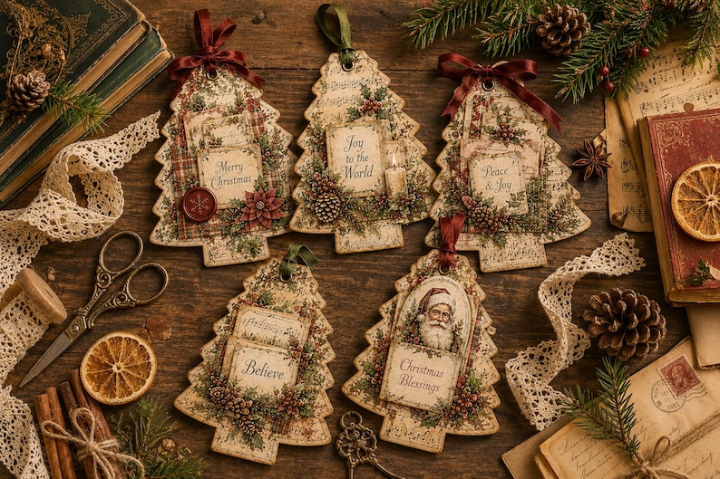 May include: Five Christmas tree-shaped ornaments featuring vintage-style paper designs, pine branch accents, and red ribbon hangers. The ornaments display text including Merry Christmas, Joy to the World, Peace & Joy, Believe, and Christmas Blessings.