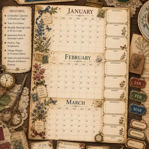 Può includere: Un kit stampabile per junk journal di Capodanno con pagine di calendario in stile vintage per gennaio, febbraio e marzo. Il set include illustrazioni floreali, motivi a farfalla, schede di pianificazione ed etichette con testo come New Year Junk Journal e Plan Reflect Remember.