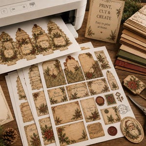 May include: A white printer outputting a sheet of paper with printed Christmas-themed tags and labels. Additional sheets with vintage-style holiday graphics, floral motifs, and text are displayed alongside scissors, twine, and cards with text.