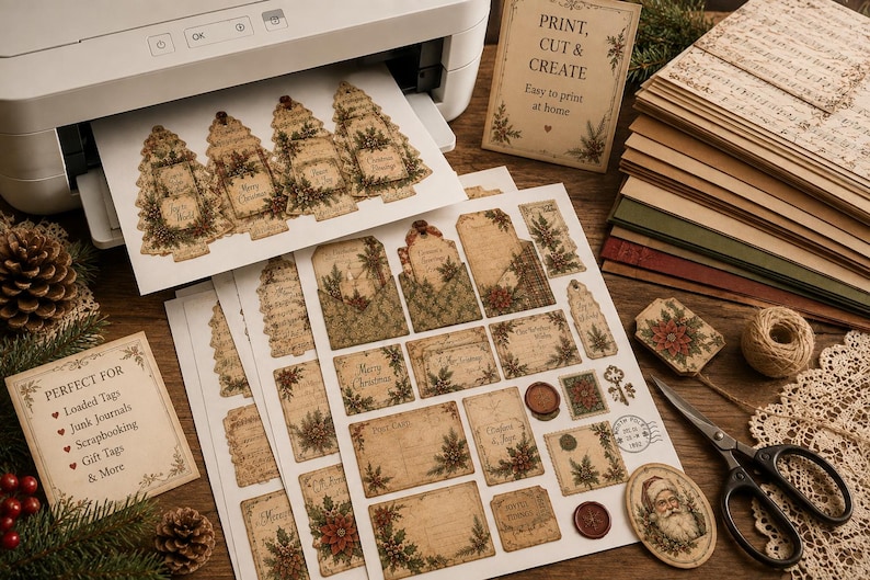 May include: A white printer outputting a sheet of paper with printed Christmas-themed tags and labels. Additional sheets with vintage-style holiday graphics, floral motifs, and text are displayed alongside scissors, twine, and cards with text.