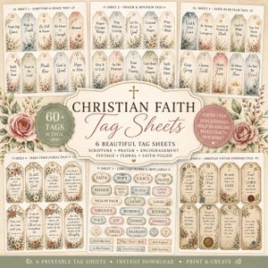 May include: Six sheets of printable Christian faith tags featuring vintage floral designs, scripture verses, and inspirational words. The collection includes over 60 individual tags with muted color palettes, decorative borders, and religious text.