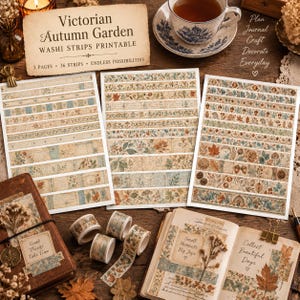 May include: Three sheets of printable washi strips featuring Victorian Autumn Garden designs with botanical illustrations, leaves, and acorns in muted earth tones. The text reads Victorian Autumn Garden WASHI STRIPS PRINTABLE.