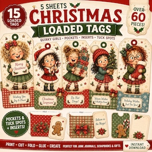 May include: A set of 5 sheets of Christmas loaded tags featuring 15 tags and over 60 pieces. The designs include illustrations of children in holiday attire, gingerbread cookies, poinsettias, and text such as Merry Christmas and Warm Wishes.