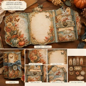 May include: A trifold folio kit featuring autumn-themed illustrations of pumpkins, flowers, butterflies, and birds. The kit includes pockets, layered tags, and a blue ribbon closure. Text on the kit reads: VINTAGE AUTUMN TRIFOLD FOLIO KIT.