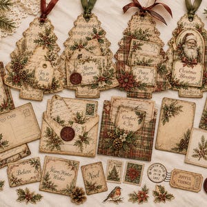 May include: A collection of vintage-style Christmas paper ephemera including tree-shaped tags, envelopes, postcards, and labels. The items feature illustrations of holly, pinecones, poinsettias, Santa Claus, and text like Merry Christmas and Joy to World.