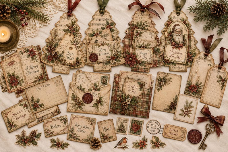May include: A collection of vintage-style Christmas paper ephemera including tree-shaped tags, envelopes, postcards, and labels. The items feature illustrations of holly, pinecones, poinsettias, Santa Claus, and text like Merry Christmas and Joy to World.