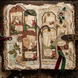 May include: An open scrapbook featuring vintage-style Christmas tags with illustrations of Santa, stockings, and deer. The pages include pockets, lace trim, wax seals, and printed text like 'Warm Winter Wishes', 'Christmas Joy', and 'Delivery From Santa'.