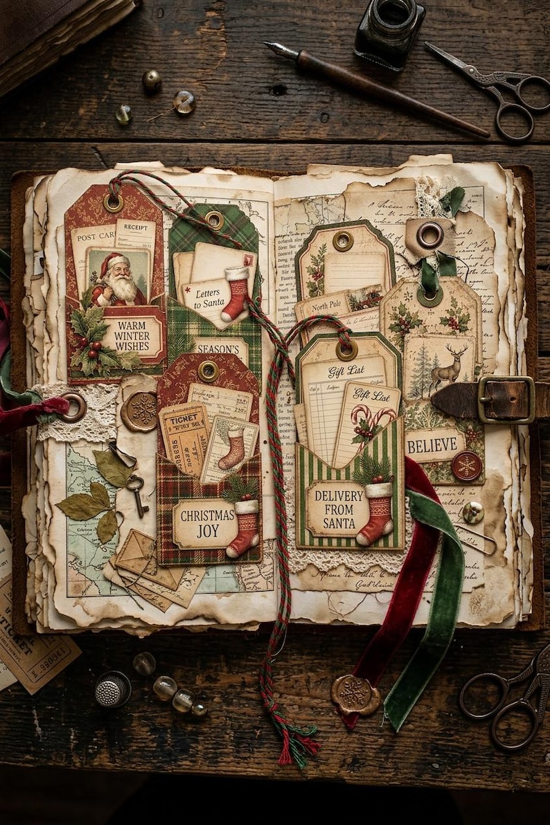 May include: An open scrapbook featuring vintage-style Christmas tags with illustrations of Santa, stockings, and deer. The pages include pockets, lace trim, wax seals, and printed text like 'Warm Winter Wishes', 'Christmas Joy', and 'Delivery From Santa'.