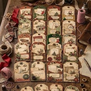 May include: A collection of rectangular paper gift tags featuring vintage-style Christmas illustrations, including Santa, reindeer, pine trees, and holly. Each tag has a pocket containing small cards with text like 'Merry Christmas' and 'Noel'.