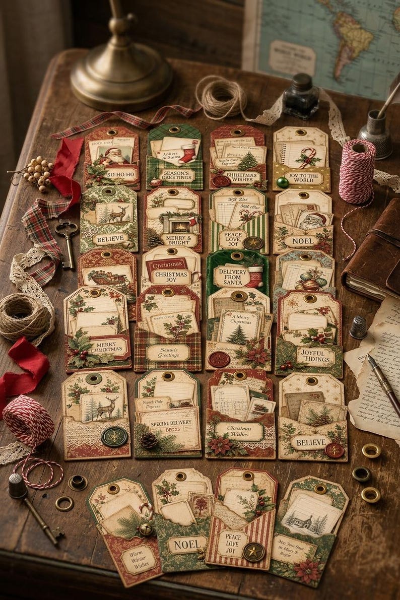 May include: A collection of rectangular paper gift tags featuring vintage-style Christmas illustrations, including Santa, reindeer, pine trees, and holly. Each tag has a pocket containing small cards with text like 'Merry Christmas' and 'Noel'.