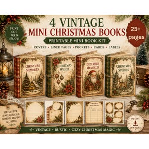 May include: A printable mini book kit featuring 4 vintage-style Christmas books titled Christmas Memories, Christmas Wishes, December Memories, and Christmas Stories. Includes covers, lined pages, pockets, cards, and labels with festive imagery.
