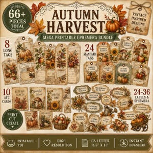 Op de afbeelding: Een digitale, printbare ephemera-bundel genaamd Autumn Harvest met meer dan 66 stuks, waaronder lange labels, standaard labels, ATC-kaarten en etiketten. De ontwerpen tonen herfstmotieven zoals pompoenen en zonnebloemen op vellen van 21,6 x 27,9 cm.