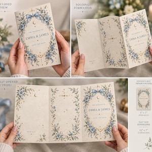 May include: A tri-fold wedding save the date card featuring a cream background with blue floral wreaths, gold celestial motifs, and the text "The Wedding of Emma & James". The card measures 5 inches by 7 inches folded and 15 inches by 7 inches flat.