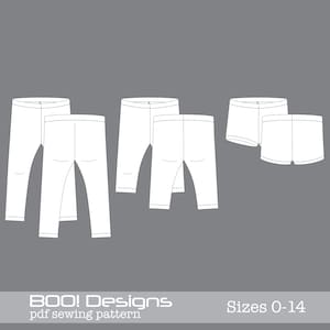 Puede incluir: Un patrón de costura para leggings y pantalones cortos para niños, tallas 0-14. El patrón se muestra como un dibujo de línea de las prendas.