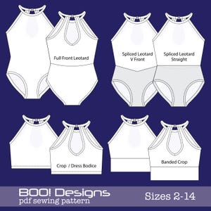 Może przedstawiać: Wzory rysunków liniowych dla leotardu z pełnym przodem, leotardu ze splecionym przodem w kształcie litery V, leotardu ze splecionym przodem prostym, gorsetu/sukienki i gorsetu z paskiem. Wzory są oznaczone nazwami stylów. Tekst "BOO! Designs pdf sewing pattern" i "Sizes 2-14" znajduje się na dole obrazu.