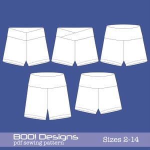 May include: White shorts sewing pattern with various design options, displayed on a blue background. The image includes five different shorts styles. Text at the bottom reads "BOO! Designs pdf sewing pattern" and "Sizes 2-14".