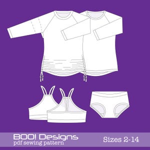 May include: White clothing pattern designs on a purple background. The image features two long-sleeved shirts, two tank tops, and a pair of underwear. The text "BOO! Designs pdf sewing pattern" and "Sizes 2-14" are at the bottom.
