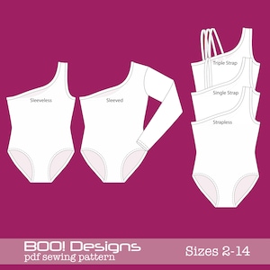 May include: A digital sewing pattern for a one-shoulder leotard with three different strap options: sleeveless, single strap, and triple strap. The pattern includes sizes 2-14. The pattern is from BOO! Designs.