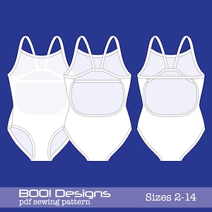 Puede incluir: Patrón de traje de baño blanco con diseño de espalda escotada, mostrado en tres vistas sobre un fondo azul. También se ve el texto "BOO! Designs pdf sewing pattern" y "Tallas 2-14".