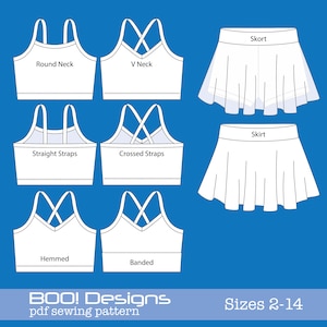 May include: A digital sewing pattern for a girls' dance leotard and skirt. The pattern includes five different leotard styles: round neck, V-neck, straight straps, crossed straps, hemmed, and banded. The skirt options include a skort and a skirt. The pattern is available in sizes 2-14.
