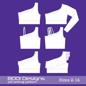 May include: White one-shoulder top designs on a purple background. The image displays various styles, including tops with straps, ruffles, and a long sleeve. Text at the bottom reads "BOO! Designs pdf sewing pattern" and "Sizes 2-14".