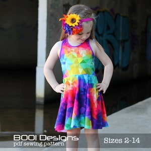 May include: A colorful geometric print sleeveless dress with a rainbow color scheme. The dress has a fitted bodice and a flared skirt. The dress is available in sizes 2-14.  BOO! Designs pdf sewing pattern.