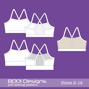 Puede incluir: Una vista plana de patrones de costura de sujetadores deportivos blancos sobre un fondo púrpura. Los sujetadores tienen un diseño de espalda deportiva con tirantes entrecruzados. El texto "BOO! Designs pdf sewing pattern" y "Sizes 2-14" está en la parte inferior.