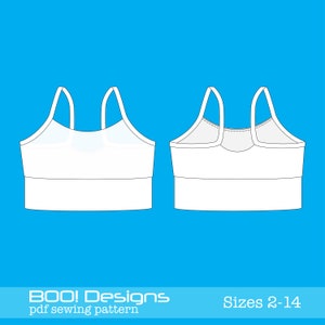 May include: White crop top design with spaghetti straps, shown from the front and back views. The image is set against a bright blue background. Text at the bottom reads "BOO! Designs pdf sewing pattern" and "Sizes 2-14".