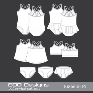 May include: White swimwear sewing pattern designs, including one-piece swimsuits, tankini tops, and swim bottoms. The swimsuits have crisscross straps and some have a ruffled skirt. The text "BOO! Designs pdf sewing pattern" and "Sizes 2-14" are at the bottom.