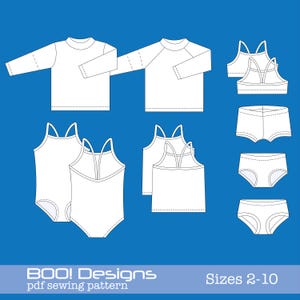 Puede incluir: Un conjunto de patrones de costura para trajes de baño para niños, que incluye una camiseta de protección de manga larga, tops de tirantes y trajes de baño. Los patrones están disponibles en las tallas 2-10. El texto "BOO! Designs pdf sewing pattern" y "Sizes 2-10" está incluido en la imagen.