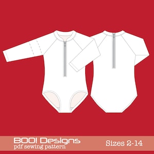 Puede incluir: Un traje de baño blanco de manga larga con una cremallera en la parte delantera y trasera. El traje de baño se muestra en vista frontal y posterior. El texto "BOO! Designs pdf sewing pattern" y "Sizes 2-14" está en la parte inferior de la imagen.