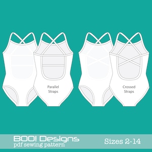May include: A digital sewing pattern for a leotard with two strap variations: parallel and crossed. The pattern includes sizes 2-14.  BOO! Designs pdf sewing pattern.
