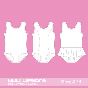 May include: A digital sewing pattern for a leotard with three different styles: a basic leotard, a leotard with a front seam, and a leotard with a ruffle. The pattern is available in sizes 2-14.  BOO! Designs pdf sewing pattern.