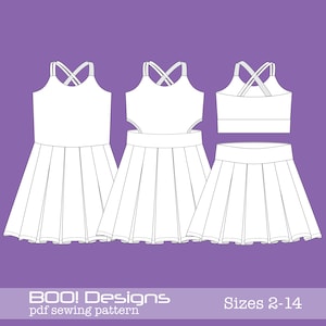 May include: A digital sewing pattern for a pleated skirt and top with criss-cross straps. The pattern is available in sizes 2-14.  BOO! Designs pdf sewing pattern.