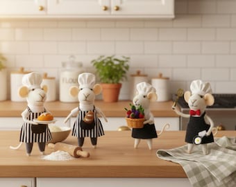 Handmade Wool Felted Mouse Chef Collection – Little Bakers & Gourmet Cooks, Miniature Kitchen Decor, Whimsical Culinary Art Figurines