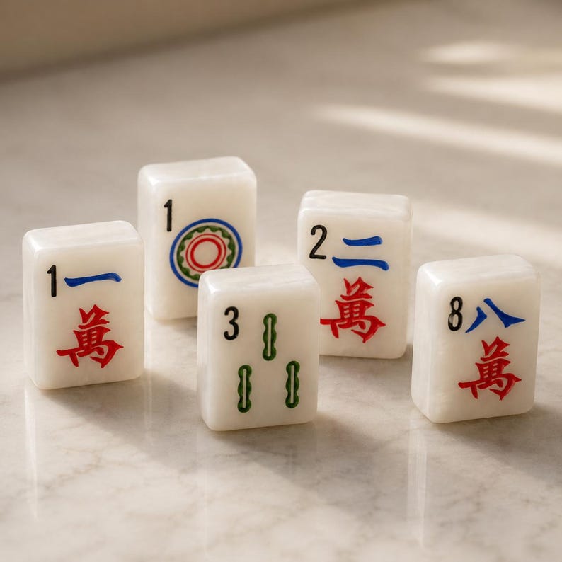 May include: Five white rectangular mahjong tiles featuring engraved characters and symbols in red, blue, green, and black ink. The tiles display the numbers 1, 2, 3, and 8, along with traditional Chinese characters and circular patterns on their front faces.